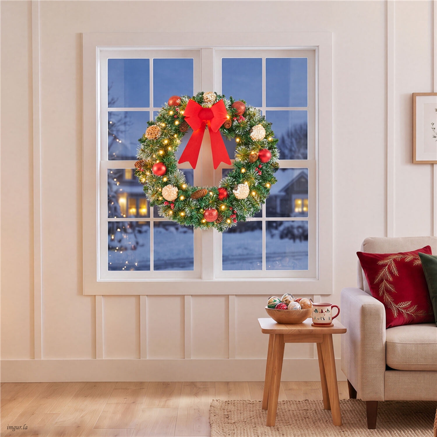 Alden Design 24 inch Artificial Pre-lit Frosted Christmas Wreath with Bowknot & Pinecones & Holly Berries & LED Lights, Green