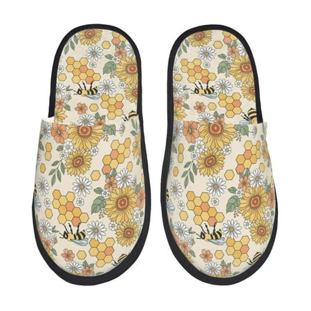 

Rateoe Hippie Bee Honeycomb Pattern Fuzzy Slippers Fuzzy Soft House Slippers Plush Furry Warm Cozy Open Toe Fluffy Home Shoes-Medium
