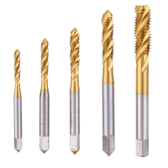 5 pcs Flute Tap Titanium Plated HSS Spiral Tapping Flute Screw Tap Bits M3-M8 Kit