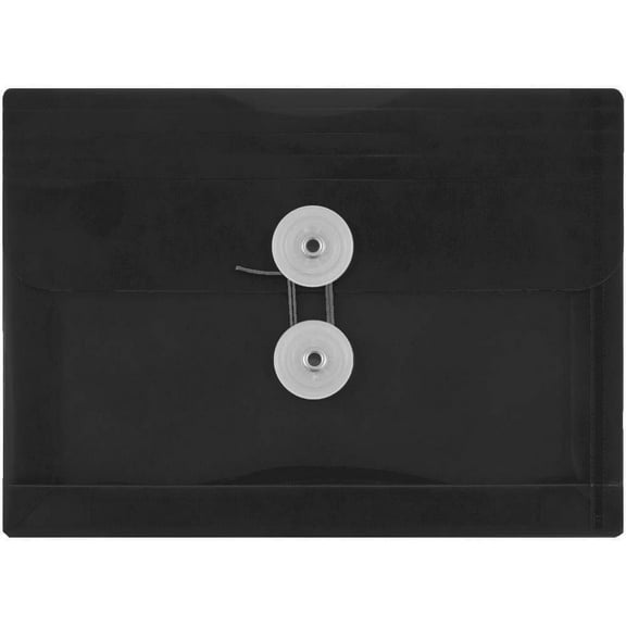 JAM Paper Button String Booklet Plastic Envelopes, 5 1/4 x 7 1/2, Black, 12 per Pack