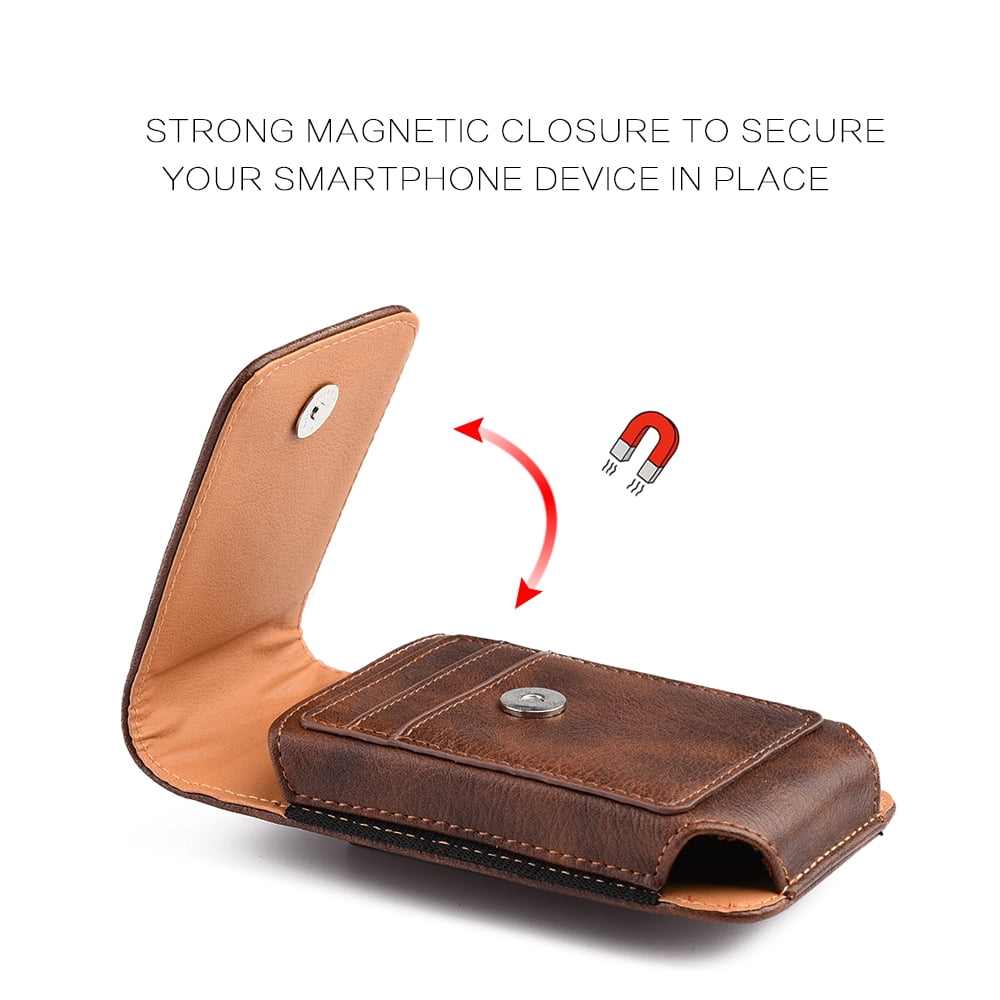 6.5-inch Vertical Brown PU Leather Universal Cell Phone Holster Pouch with Belt Clip and Card Slots