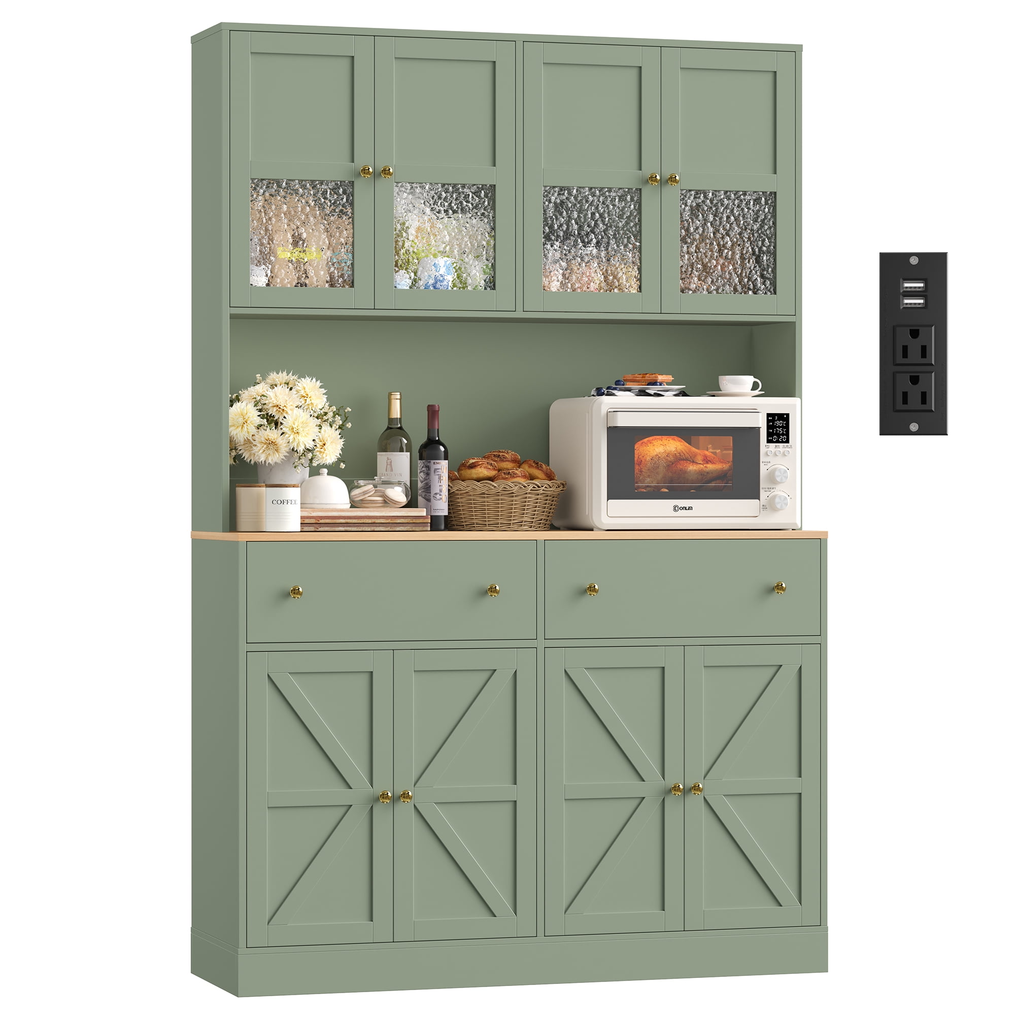 Homfa 71" Tall Kitchen Pantry Cabinet with LED Lights & Charging Station, MDF Freestanding Storage Cupboard with 8 Doors 2 Drawers, Buffet Cabinet with Storage for Dining Living Room, Green