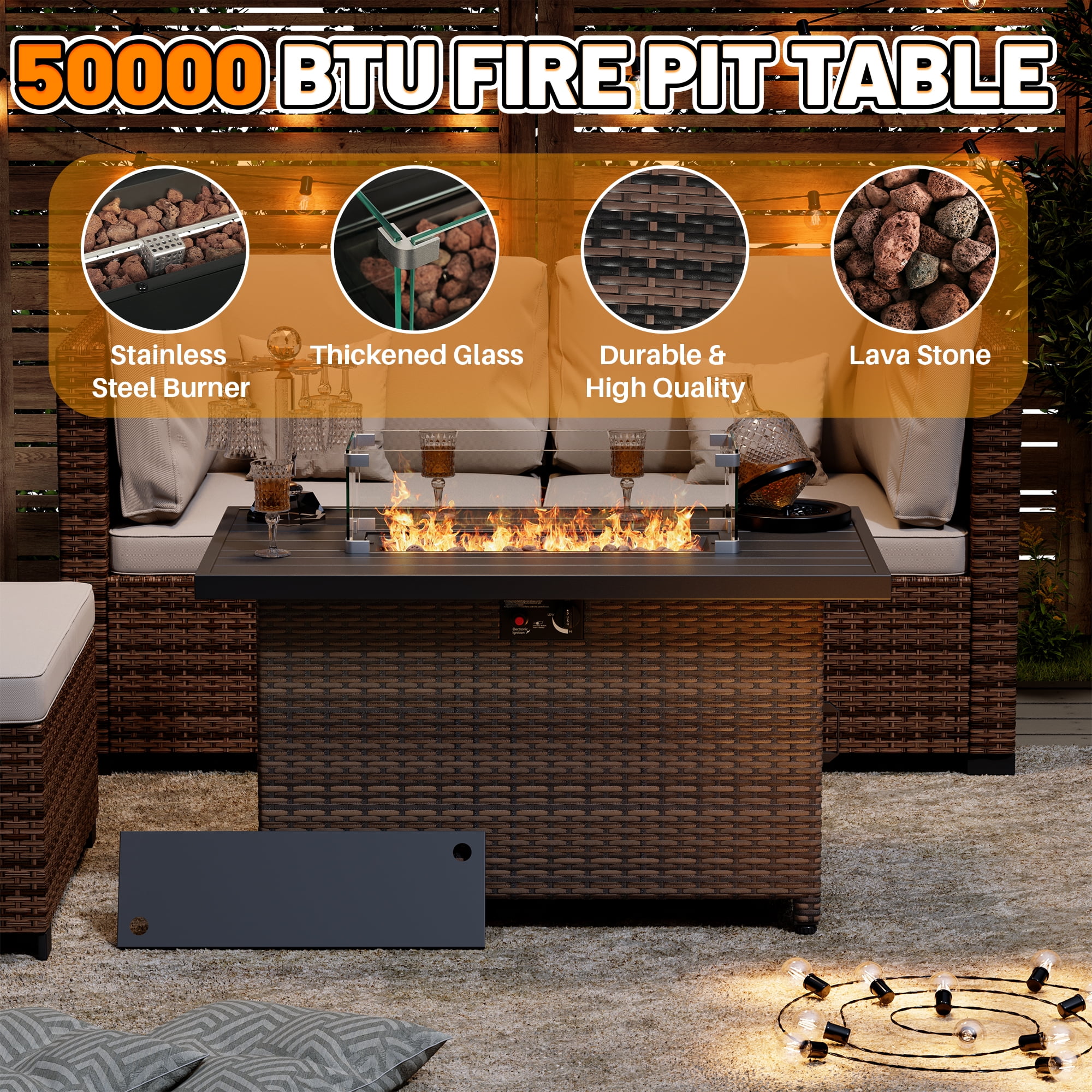 44 Inch Outdoor Wicker Fire Pit Table, 50000 BTU Propane Fire Pits with Glass Wind Guard and Lid, Patio Gas Fire Pit for Outside Patio and Garden(Brown)