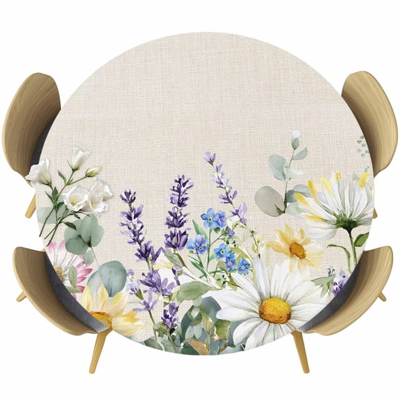 Round Table Cover 55-60 Inch Spring Flowers Waterproof Reusable Table Cloth Round Fitted Vinyl Tablecloth with Elastic Edged for Parties Outdoors, Farmhouse Botanical Floral Wildflowers