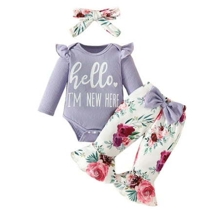 

EHQJNJ Baby Girl Outfits Winter Baby Cute Long Letter the Clothes Flowers Flares Suit Baby Autumn Coat Pants Hair Band Toddler Ballet Outfit Blue Little Sister Outfit Long Sleeve