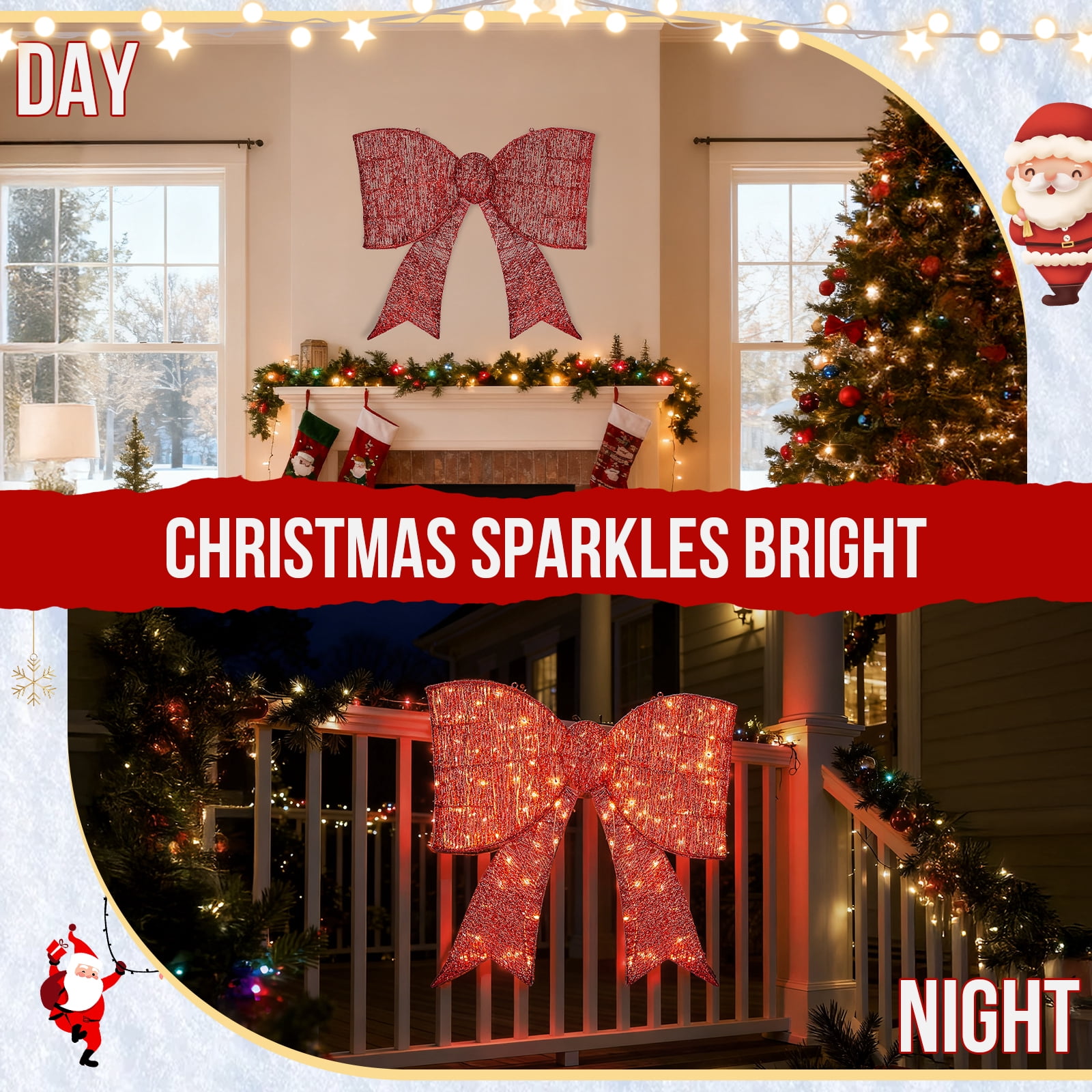 Pre-Lit Outdoor Giant Bowknot Christmas Decoration, Lighted Metal Frame with 124 Warm White LED Lights, for Front Door Gate Wall Indoor Outdoor Holiday Party