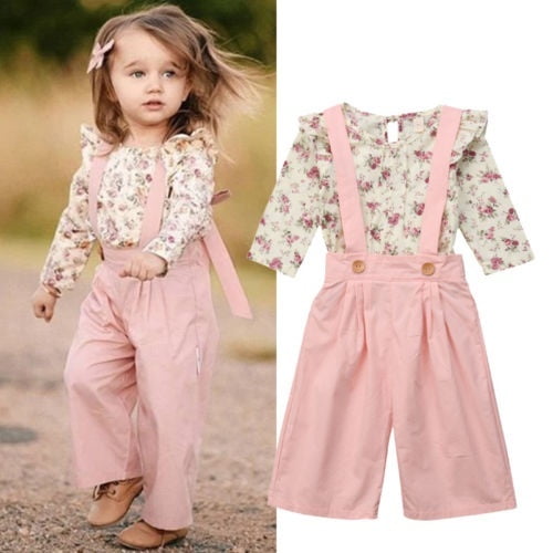 Boutique Kids Baby Girl Floral Tops Bib Strap Overalls Pants
