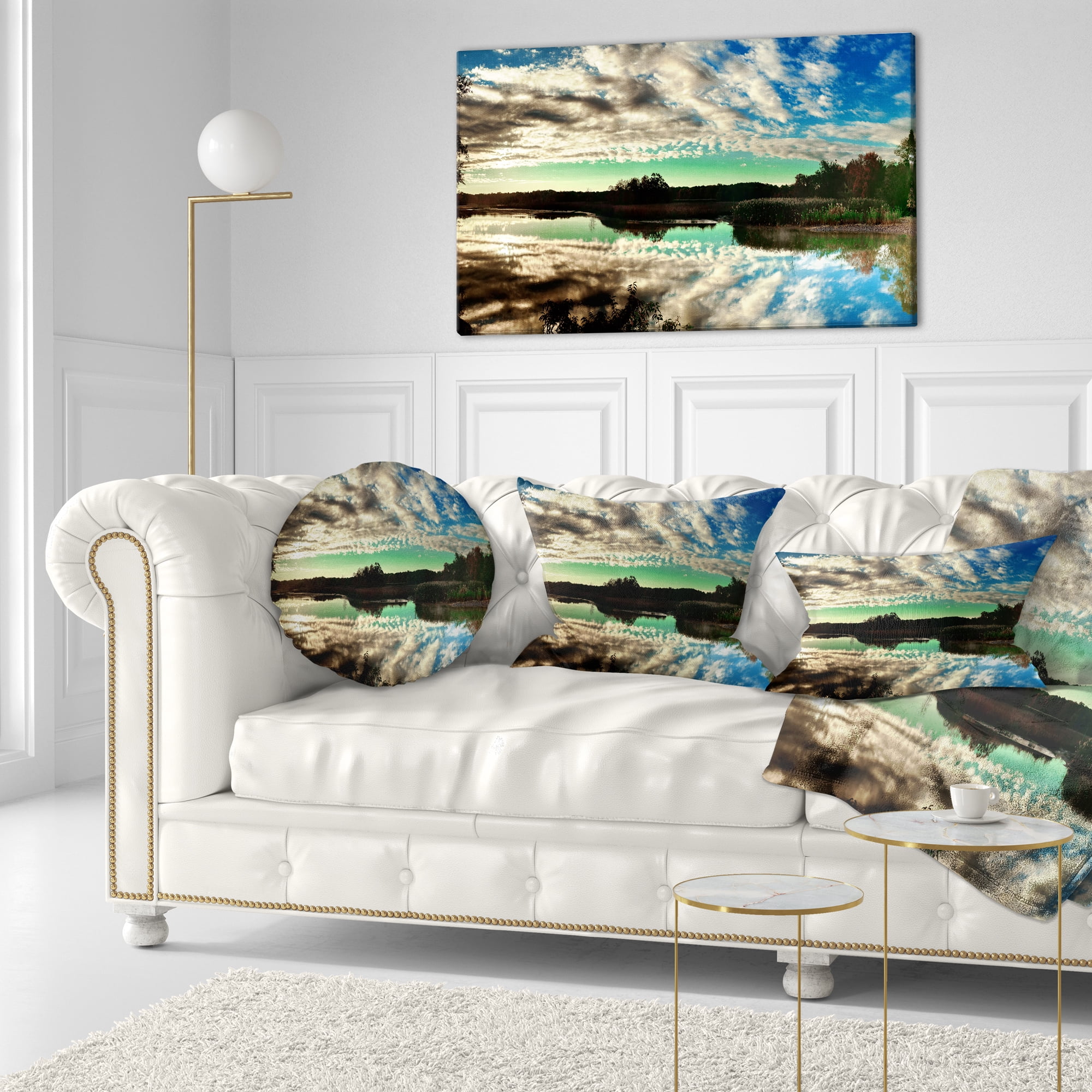 Designart Sky Clouds Mirrored in River Panorama - Landscape Printed Throw Pillow - 12x20