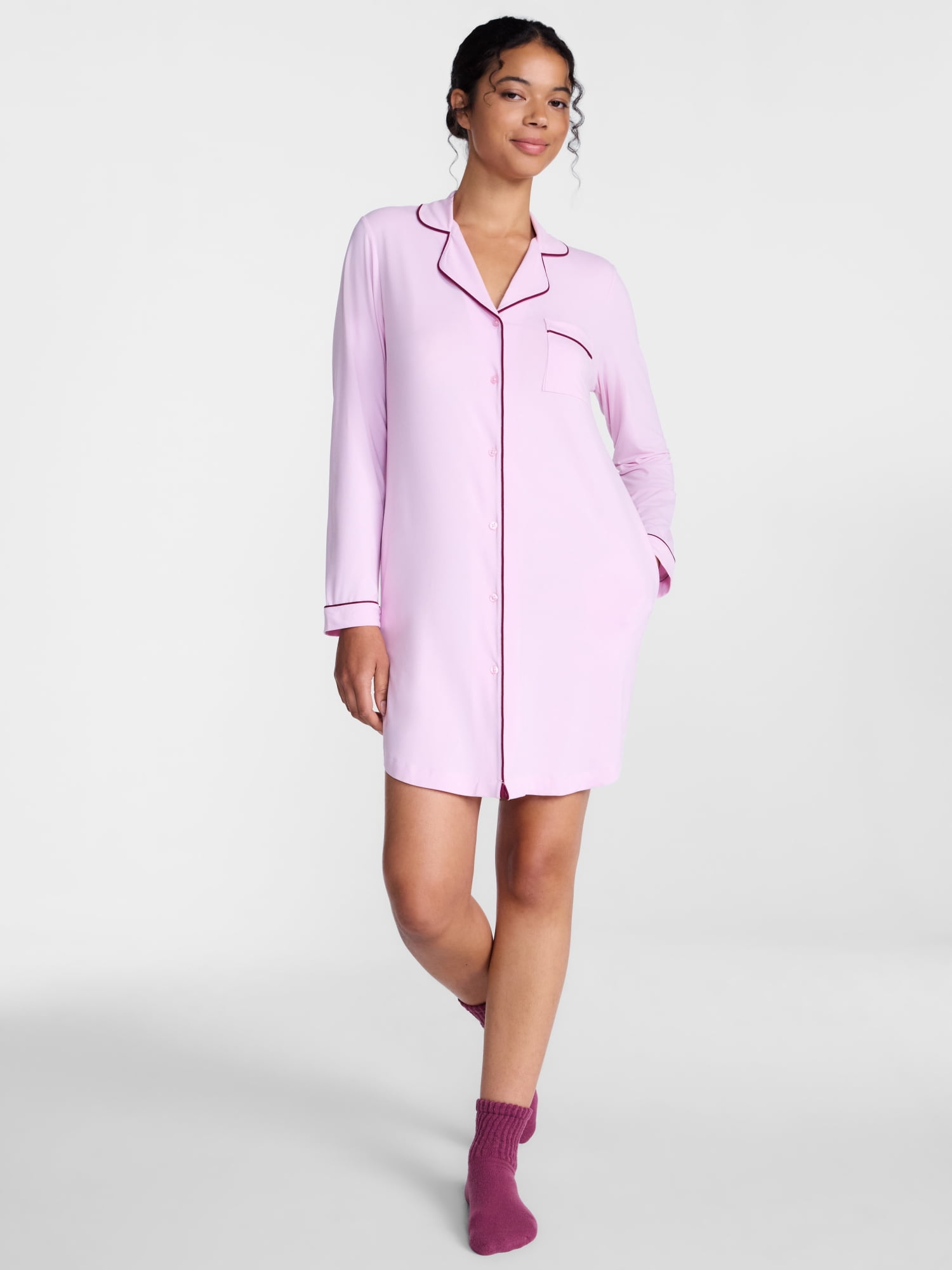 Joyspun Women's Dreamy Soft Collection Notch Collar Sleepshirt with Long Sleeves, Sizes XS-3X