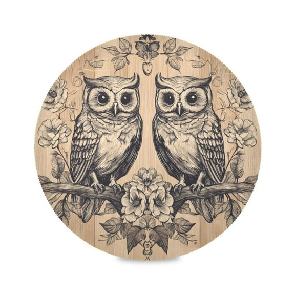 WOBOGO Two Owls Sitting on Opposite Branches Round Placemats Set of 6 Heat Resistant Washable Kitchen Table Decorations 15.4in