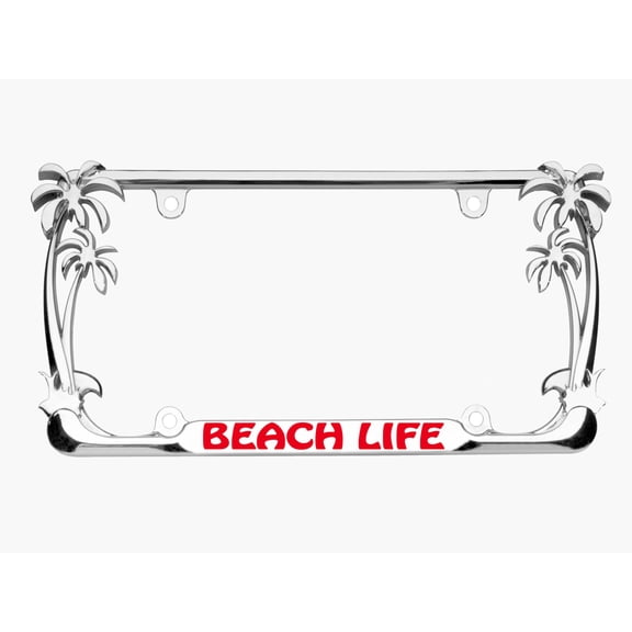 Beach Life Style Palm Tree Heavy Duty Metal License Plate Frame Personalise/Car Accessories Car Tag Holder Cover (Chrome/Red)