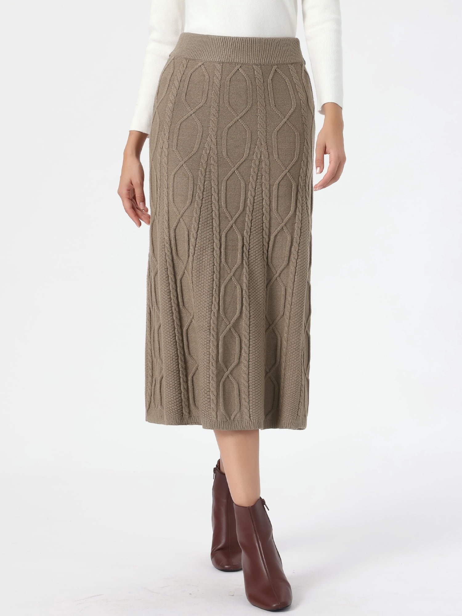 DARING DIVA Women's Cable Knit Sweater Skirt A-Line Ribbed Knit Midi Skirt XL Brown