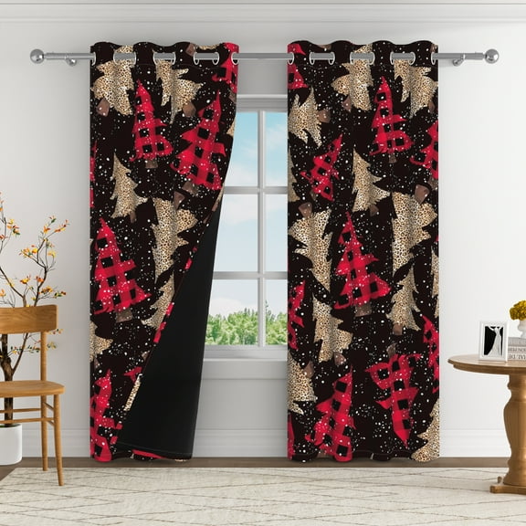 Aofoto Christmas Curtains for Living Room, Thermal Insulated Xmas Tree Pattern Grommet Window Drapes for Bedroom Holiday ,Red ,2 Panels, 52x63 inches