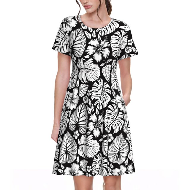 Balery Tropical Leaves Vestidos sueltos de manga corta para mujer, vestidos de verano 2025, vestidos casuales de corte A con vuelo.