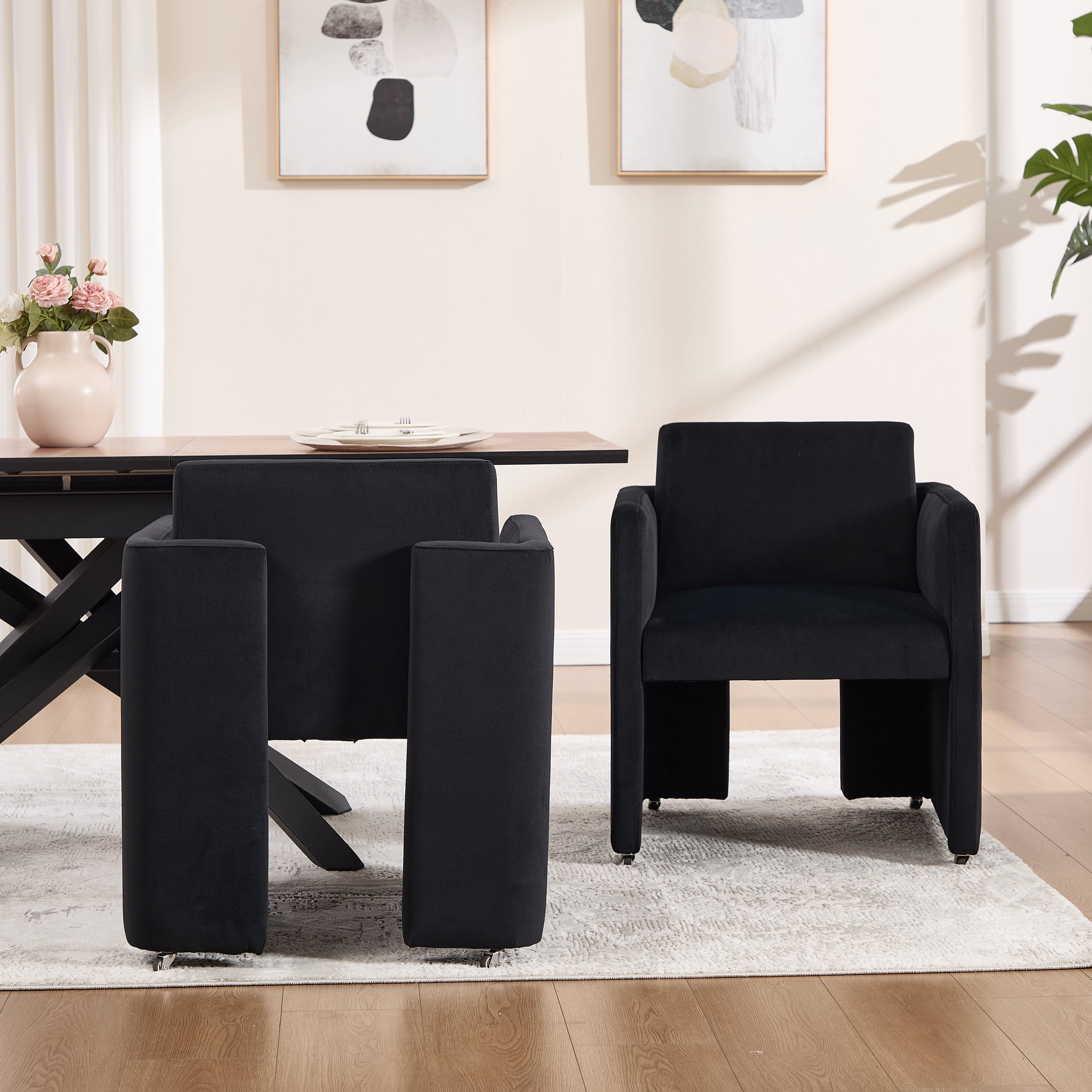 Barrel Dining Chair with Velvet Fabric and Arms, Upholstered Accent Chair and Side Seating for Living Room Home Office Reception, Velvet Black