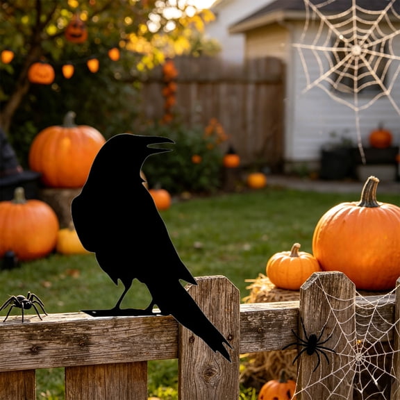Halloween Black Iron Crow Stake Bird Sculpture Outdoor Yard Garden Decor