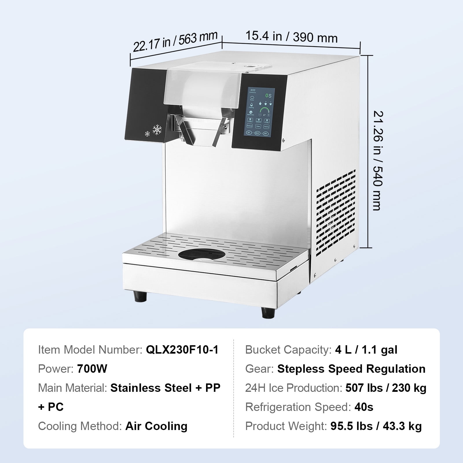 KFFKFF Industrial Snowflake Ice Device, 507LBS/24H Snowflake Ice Creator, Metallic Ice Grinding Equipment, Powered Ice Cone Producer, Air Circulation Mechanism for Quick Heat Loss