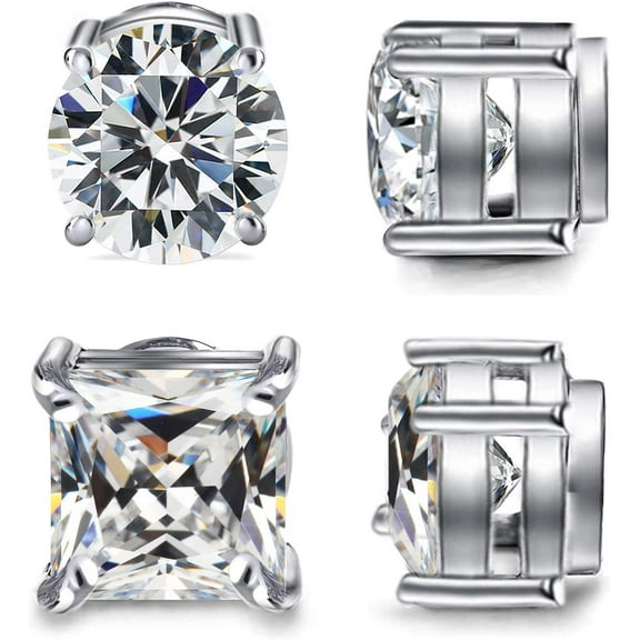 2 Pairs Stainless Steel Magnetic Stud Earrings for Men Women Non-piercing CZ Hypoallergenic 8MM (SE-21)