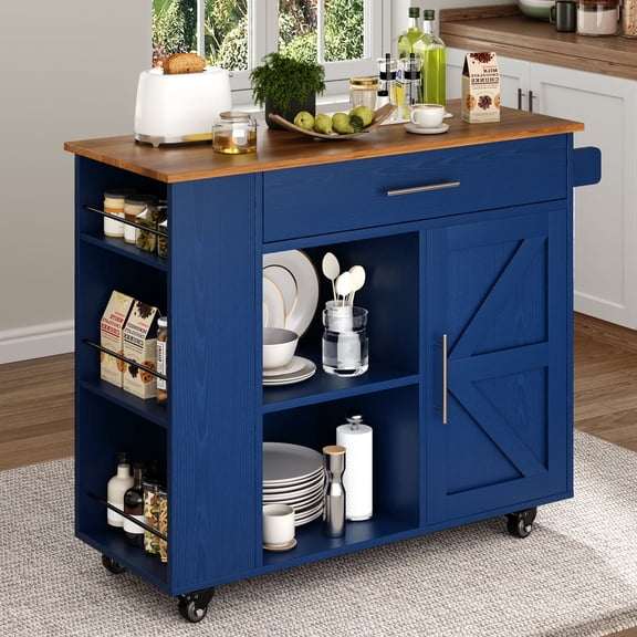 Kitchen Island on Wheels with Storage, Rolling Cart with Spice Rack, Towel Rack, Open Shelves & Drawer, Portable for Kitchen/Dining, Blue