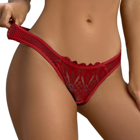YHGFVOKJ Womens Underwear Sexy Lace Underpants Transparent Mesh See Through Hook Thongs Briefs Breathable Low Waist Seamless Panties No Show Underwear for Women Red XL