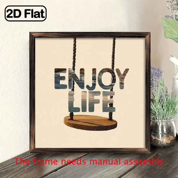 2D Flat, 1pc 8x8inch Wooden Sign Rustic Enjoy Life Swing Wall Art Farmhouse Decor Wooden Sign Home Decoration Framed Wall Art Deco for Kitchen Bathroom Living Room Decoration Best Gifts