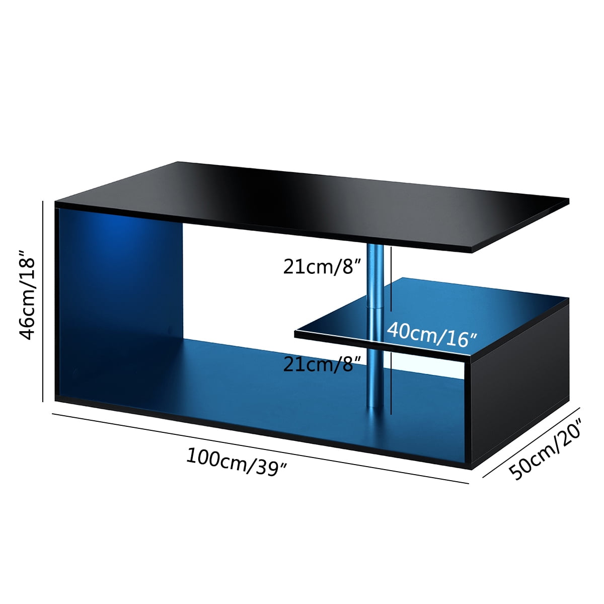 Hommpa High Gloss Black Coffee Table with LED Lights Open Shelf Smart APP Control S Shaped Modern Sofa Side End Table for Living Room