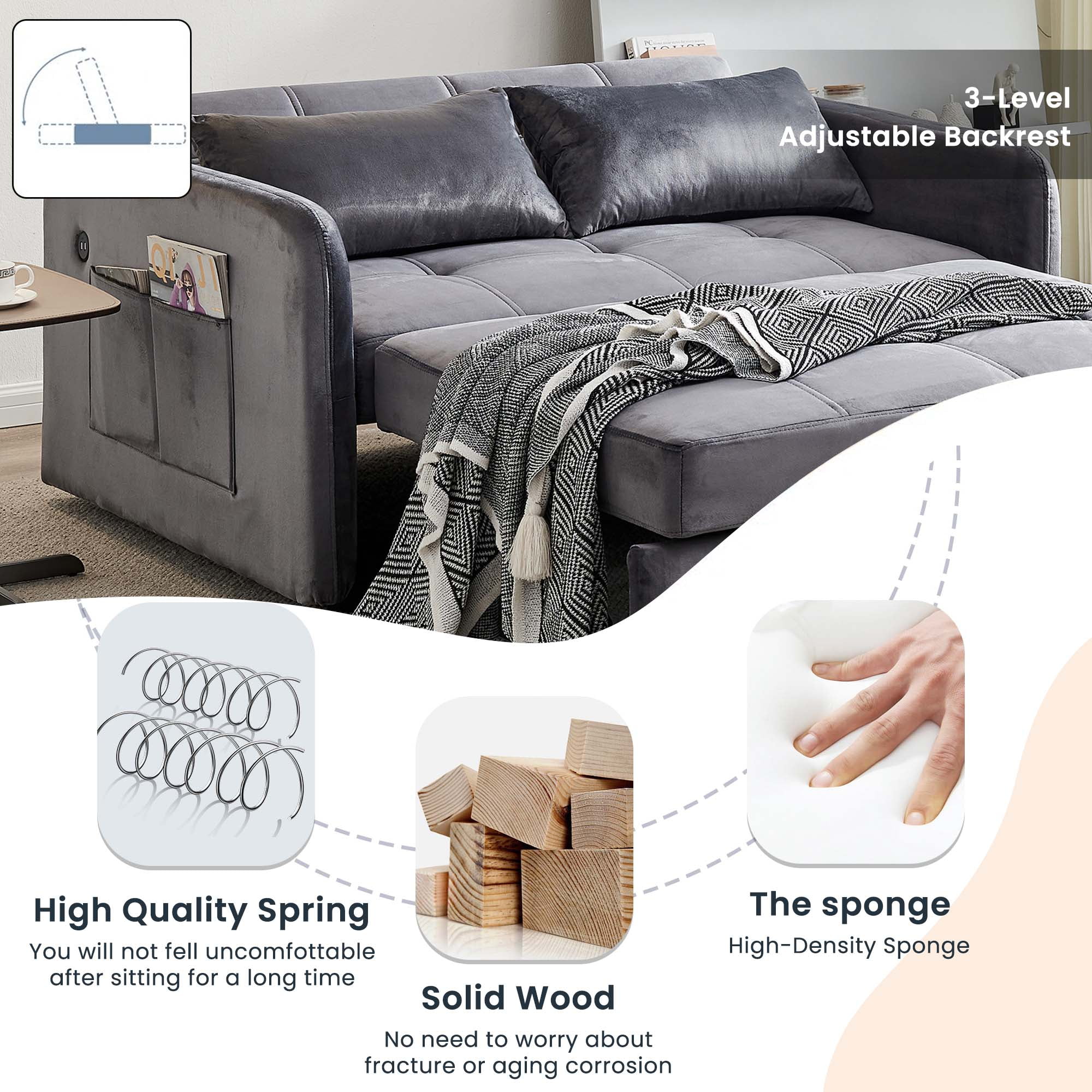 DEALTOPS 55.5" Pull Out Loveseats Sleeper Sofa Bed with USB Ports and Side Pockets, Gray