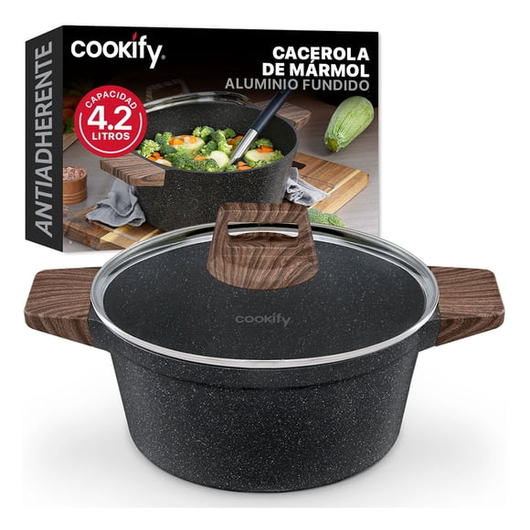Olla Cacerola de Aluminio con Revestimiento Antiadherente Libre de PFOA Cookify (Mármol Negro, 24 cm)
