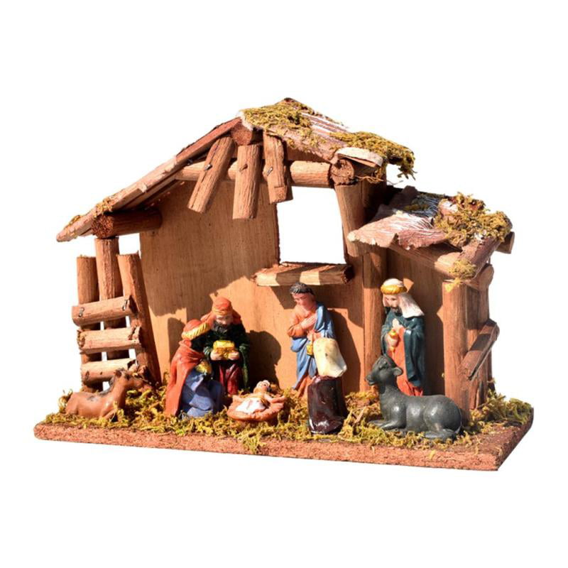 Premier 15cm Wooden Christmas Nativity Scene with 6 Piece Poly-resin Characters 