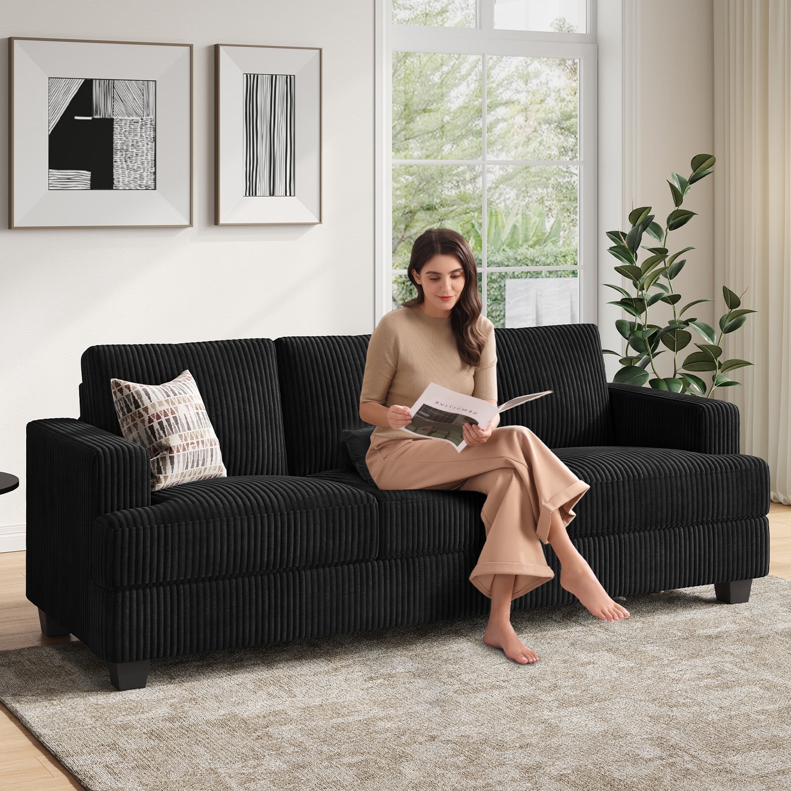 BLAZANT 89" Extra Deep Seats Oversize, Wide Corduroy Fabric 3 Seater Sofa for Living Room, Modern Couch and Sofa, Comfy Armrests and Seats and Backrests, Easy Installation,Black
