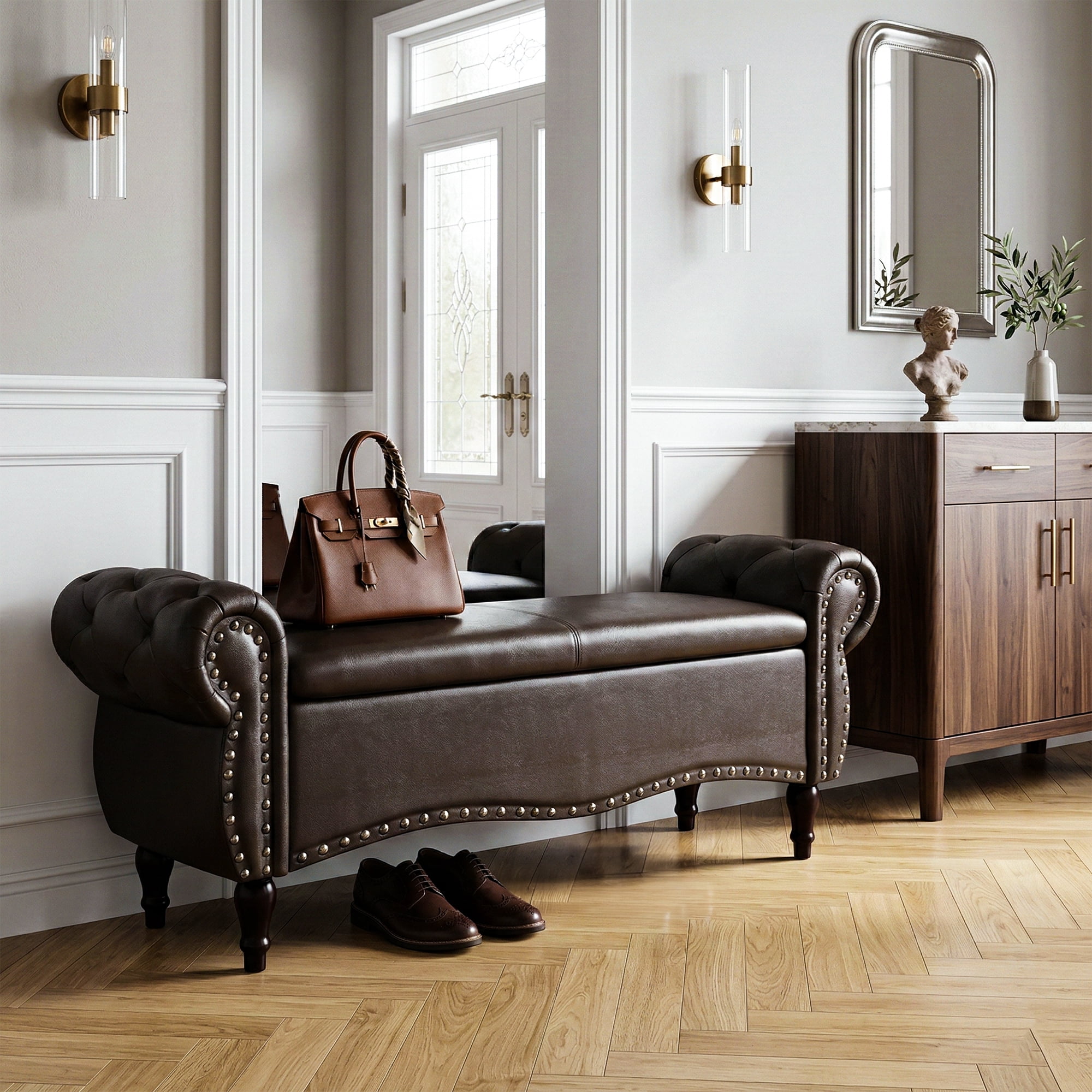 YIKEMA Upholstered PU Leather Rectangle Storage Ottoman Bench with Nailhead Trim, 51.5", Dark Brown
