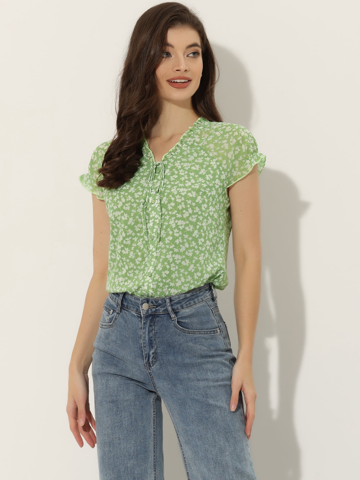 DARING DIVA Women's Ruffle V Neck Cap Sleeve Chiffon Floral Blouse Top L Light Green