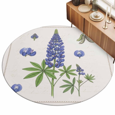 Blue Lupins Area Rugs 4 (Round) Country Pastoral Watercolor Flowers Green Leaf Floor Rug Non Slip Low Pile Ultra Soft Throw Carpet for Entryway Indoor Entrance Kitchen Bathroom