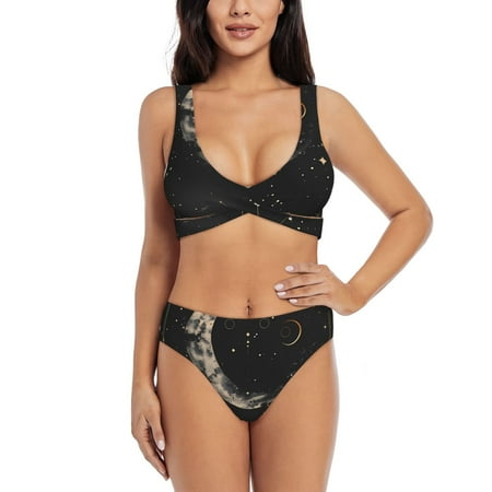 Zeuib Abstract Starry Sky Moon High Waisted Tummy Control Bikini Set - Knot Front Push Up Top & Cheeky Thong Bottom  Two-Piece Swimsuit for Women-X-Large