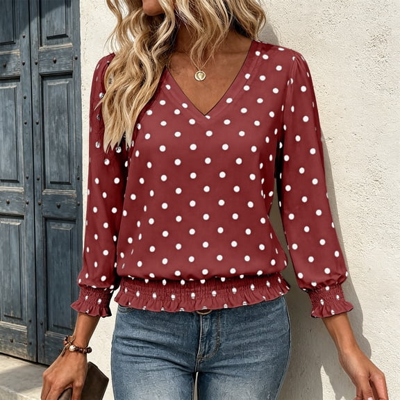 thefmos Women's V Neck Polka Dot Blouse Long Sleeve Elastic Cuffs Ruffle Hem Casual Top Fashion Spring Fall Outfit, Wine XL