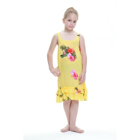

Girl Tank Ruffle Hawaiian Luau Dress in Yellow Floral 4T
