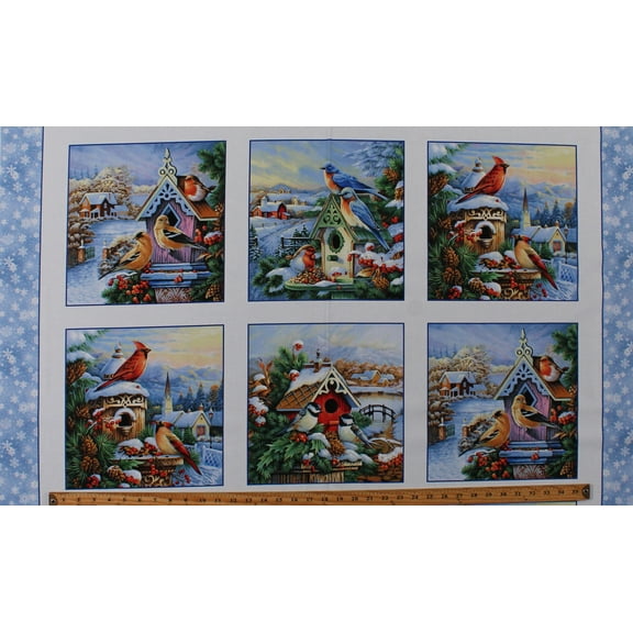 24.5" X 44" Panel Birds Animals Winter Seasonal Christmas White Cotton Fabric Panel (9409WHITE)