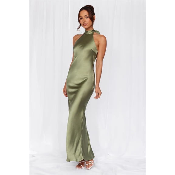 Women's Satin Halter Maxi Dress, Backless Lace-Up Evening Gown for Weddings and Formal Events