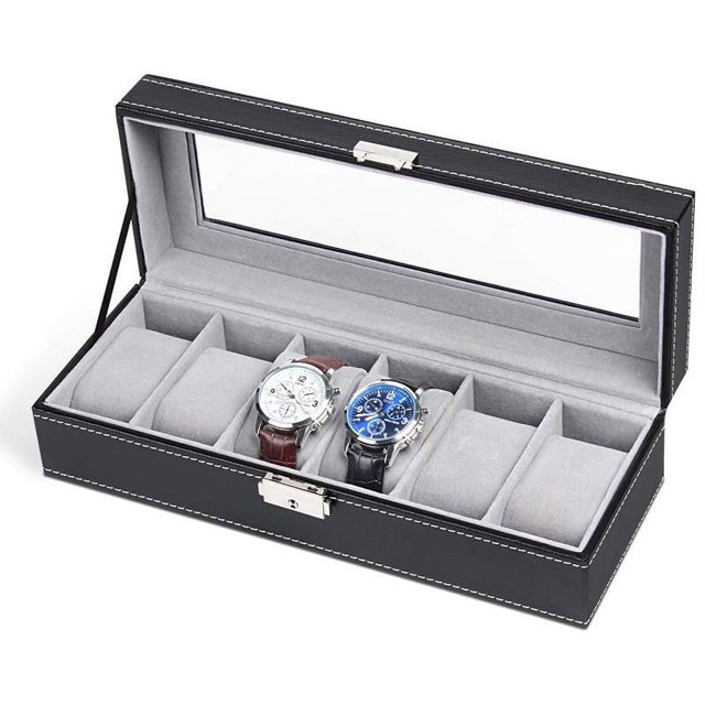 Caja para reloj de cuero con 6 ranuras, estuche de exposición, organizador de almacenamiento de joyas de vidrio, caja para reloj de cuero PU negro, estuche de exposición, organizador de joya