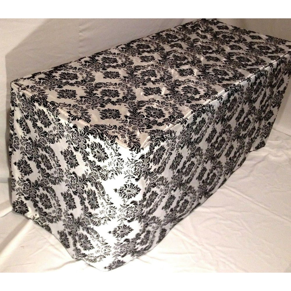 8' ft. Fitted Black White Damask Flocked Taffeta Tablecloth table cover