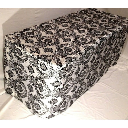 

6 ft. Fitted Black White Damask Flocked Taffeta Tablecloth table cover Wedding