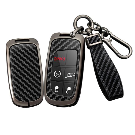 Carbon Fiber Pattern White Smart Key Fob Cover Case Fit for Jeep Grand Cherokee Renegade for Chrysler 200 300 for Dodge RAM Durango Challenger Journey Keyless with Keychain