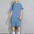 thumbnail image 2 of USNSM Men's Plus Size Linen T-Shirt&Shorts 2 PC Sets Stand Neck Half Button Short Sleeve Pullover Shirt & Lace-Up Elastic Waist Short Pants Homewear Suits Casual Beach Outfits Blue L, 2 of 5