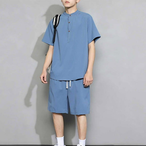 DDAPJ pyju Men's Linen Shirt and Shorts Set Short Sleeve Collared T-shirt Drawstring Shorts 2 Pieces Beach Outfits Basic Solid Matching Lounge Sets Blue XXXXL