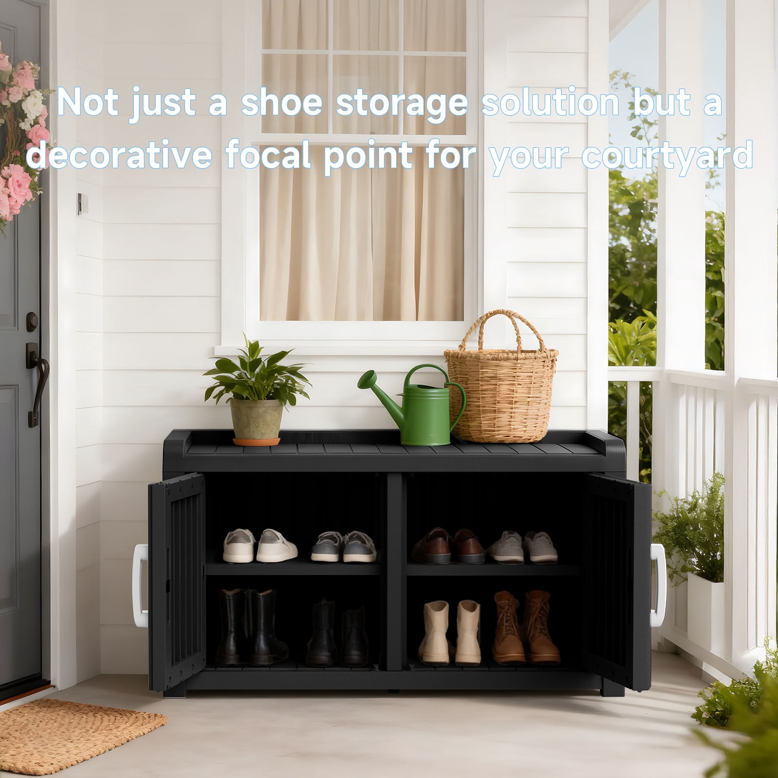 MAYEERTY Two-Door Mini Entry Shoe Storage Cabinet, Weatherproof Shoe Organizer with Removable Layers