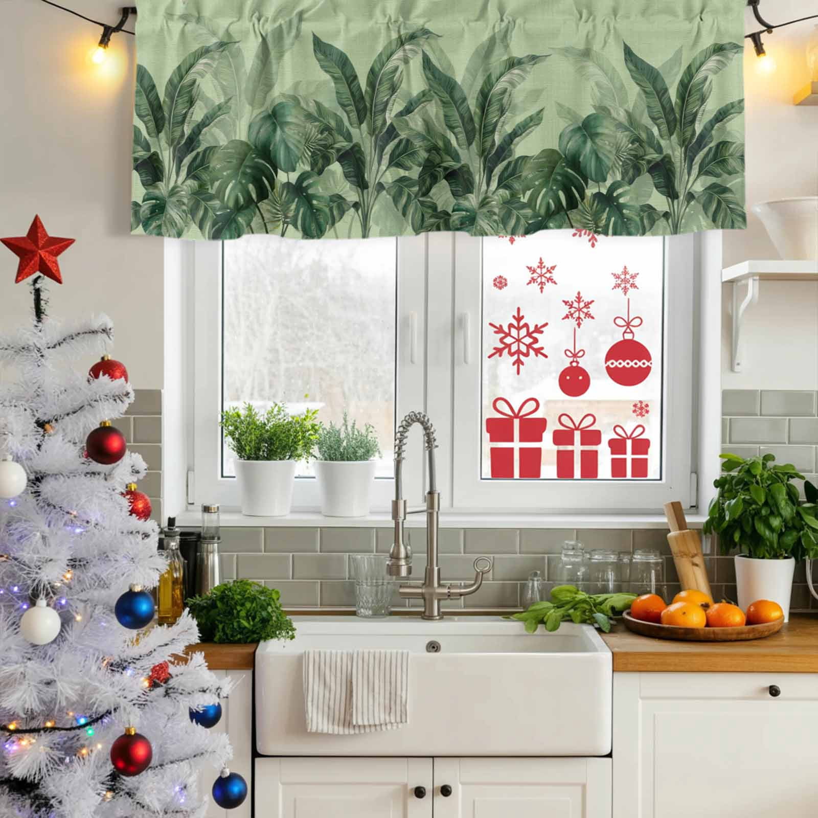 2 Pack Valances for Windows, Palm Leaves Tropical Window Valances for Living Room/Bedroom/Bathroom, Green Botanical Summer Green Ombre Light Filtering Kitchen Curtain Valance 54"W x18" L