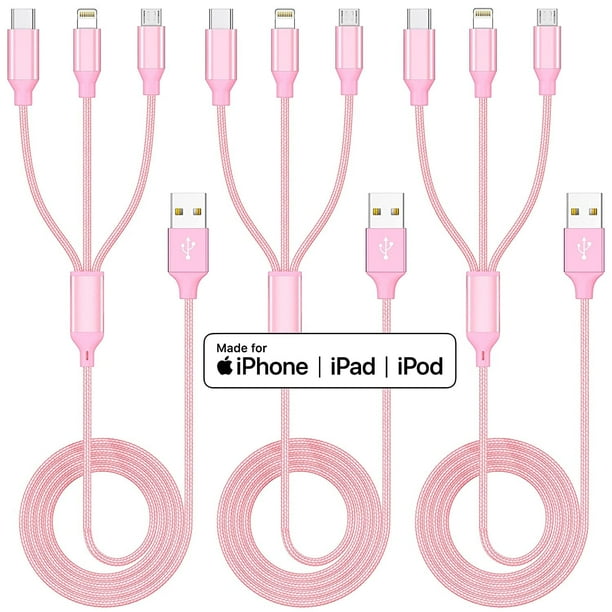 Cable de Carga Multiusb 4,4 Pies, Nailon de Aluminio, Cable 3 en 1 con Conectores USB Tipo C/Micro/Lighting para la Mayoría de Teléfonos y Tabletas.