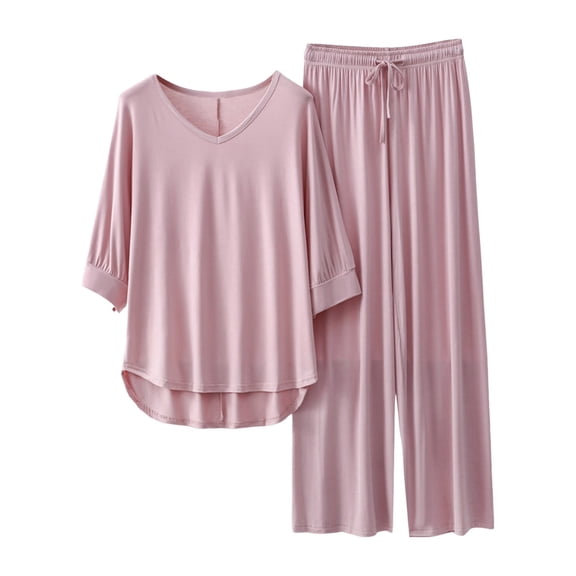 Women's V-Neck Pajama Set with 3/4 Sleeve Tops and Flowy Wide Leg Pants for Summer Comfort and Relaxation