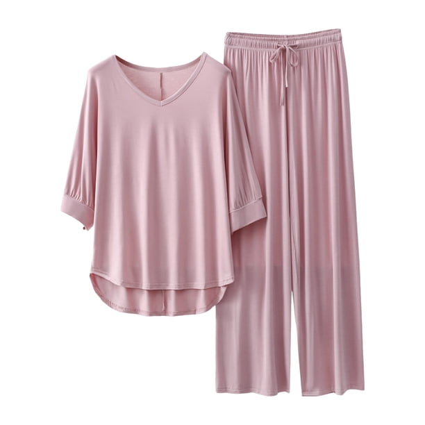 Conjunto de pijama de manga 3/4 para mujer: top con cuello en V y pantalones con cintura elástica, tejido de poliéster, ropa informal para estar por casa - Tallas L/XL
