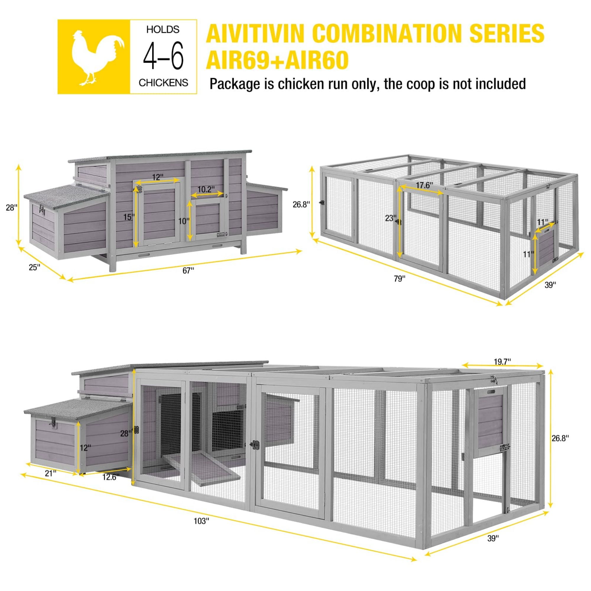 AIVITUVIN Wooden Chicken Run Large Chicken Coop Extension Chicken Pen Pet Playpen 20.73 ft²